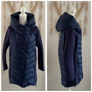 Nike quilted puffer hooded jacket navy blue tech coat shawl collar active small
